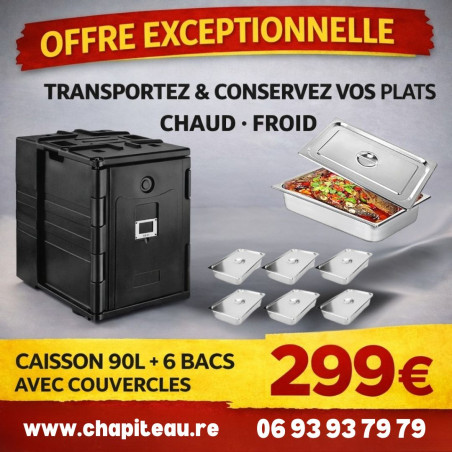 Caisson conteneur isotherme noir 90l avec 6 bacs gastronormes GN1/1 65mm